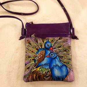 Hand painted leather crossbshoulder bag, 8" x 6"